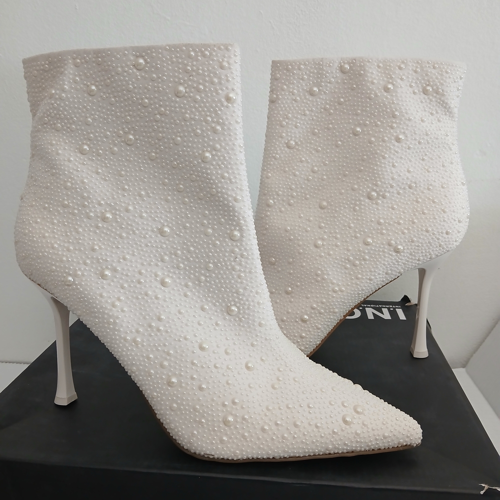 INC International Concepts White Pearl-Embellished Ankle Boots Sz 12 4in Height - Picture 9 of 11